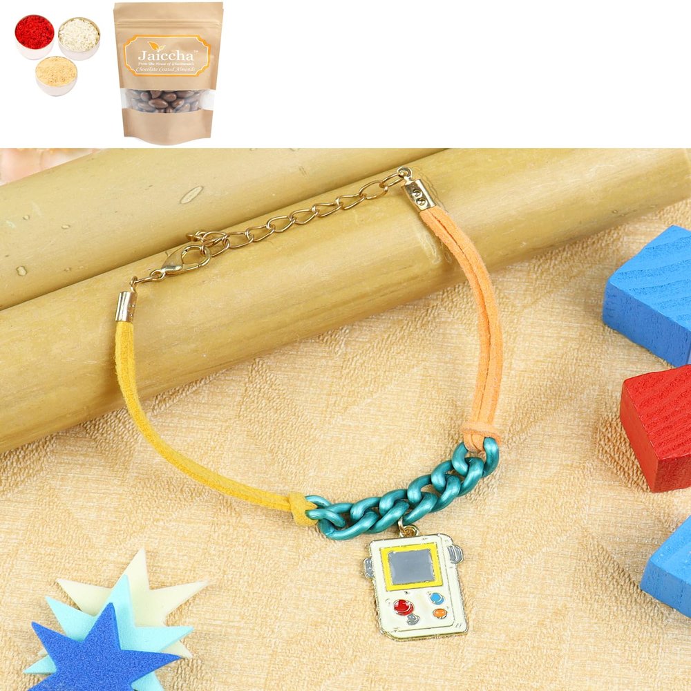 Ghasitaram Gifts Jaiccha Rakhi for Brother Rakhis Online KR24-007- Rakhi Bracelet Metal Gaming Kids Rakhi with Chocolate Coated Almonds 100 GMS