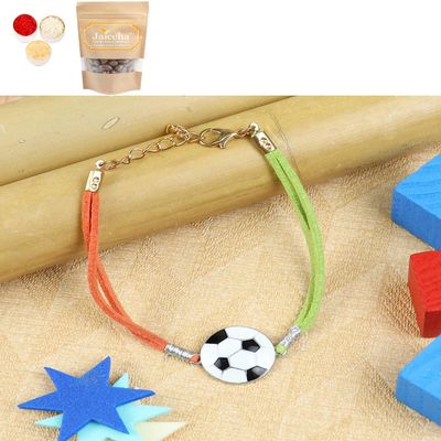 Ghasitaram Gifts Jaiccha Rakhi for Brother Rakhis Online KR24-008- Rakhi Bracelet Metal Football Kids Rakhi with Chocolate Coated Almonds 200 GMS