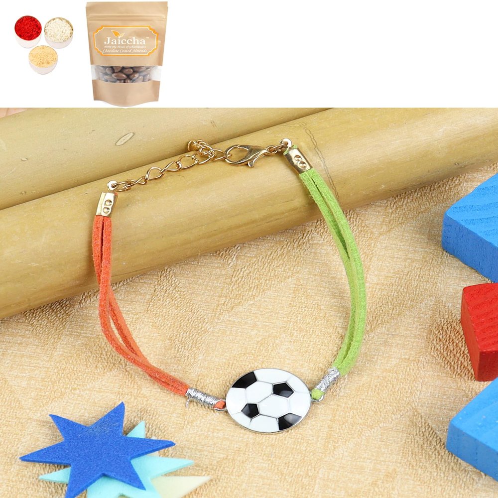 Ghasitaram Gifts Jaiccha Rakhi for Brother Rakhis Online KR24-008- Rakhi Bracelet Metal Football Kids Rakhi with Chocolate Coated Almonds 200 GMS