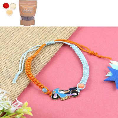Ghasitaram Gifts Jaiccha Rakhi for Brother Rakhis Online KR24-019- Macrame Rakhi Bracelet Bike Kids Rakhi with Chocolate Coated Rice Crispies 200 GMS