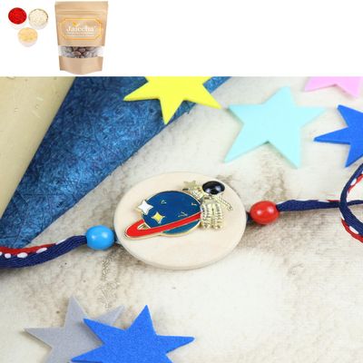 Ghasitaram Gifts Jaiccha Rakhi for Brother Rakhis Online KR24-040- Metal Space Kids Rakhi with Chocolate Coated Almonds 200 GMS