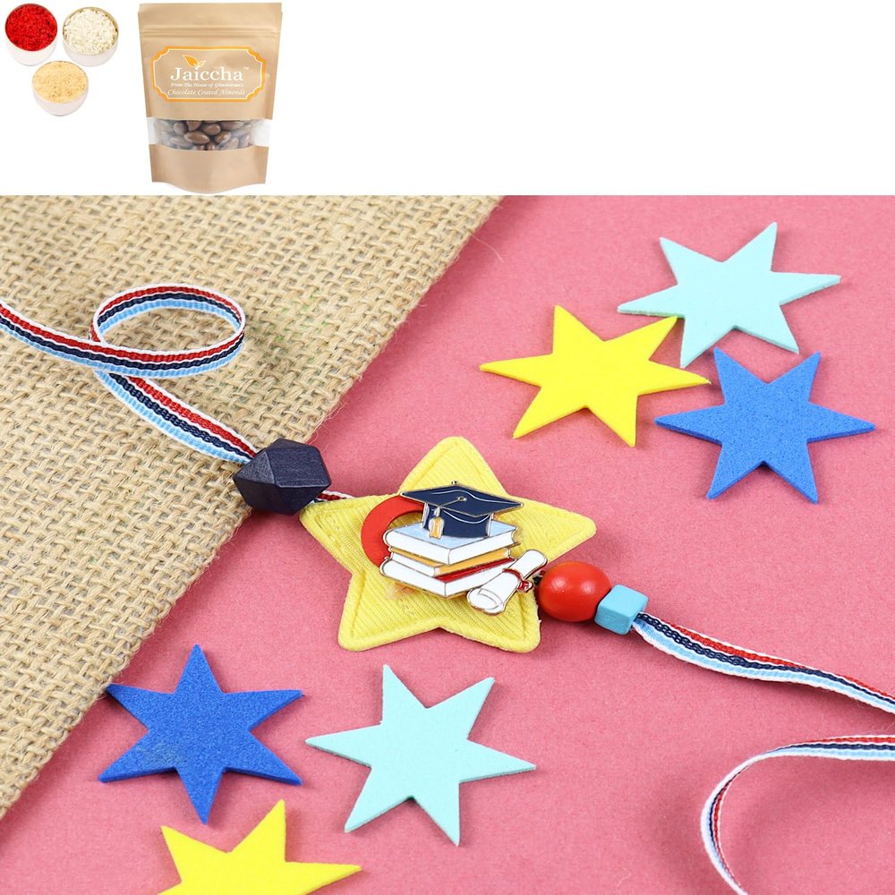 Ghasitaram Gifts Jaiccha Rakhi for Brother Rakhis Online KR24-087-Graduate Kids Rakhi with Chocolate Coated Almonds 100 GMS