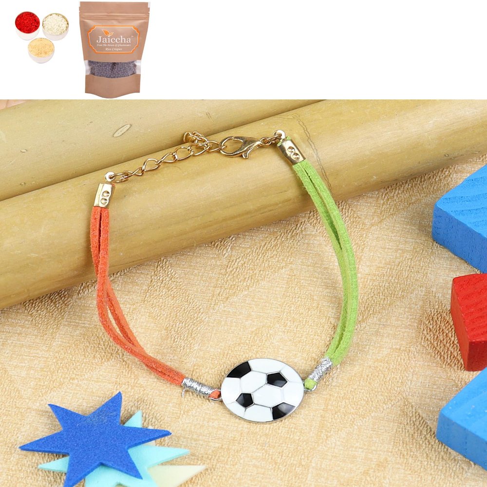 Ghasitaram Gifts Jaiccha Rakhi for Brother Rakhis Online KR24-008- Rakhi Bracelet Metal Football Kids Rakhi with Chocolate Coated Rice Crispies 100 GMS