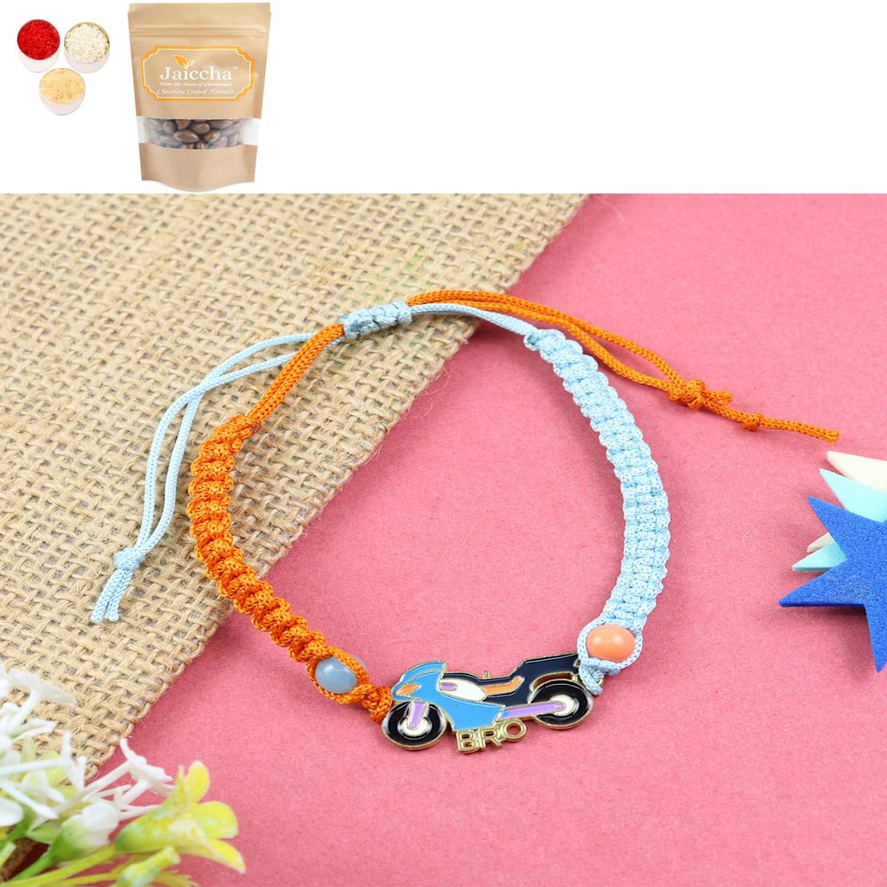 Ghasitaram Gifts Jaiccha Rakhi for Brother Rakhis Online KR24-019- Macrame Rakhi Bracelet Bike Kids Rakhi with Chocolate Coated Almonds 100 GMS