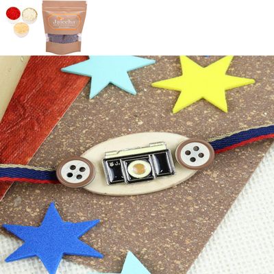 Ghasitaram Gifts Jaiccha Rakhi for Brother Rakhis Online KR23-135- Metal Charm Kids Rakhi with Chocolate Coated Rice Crispies 200 GMS