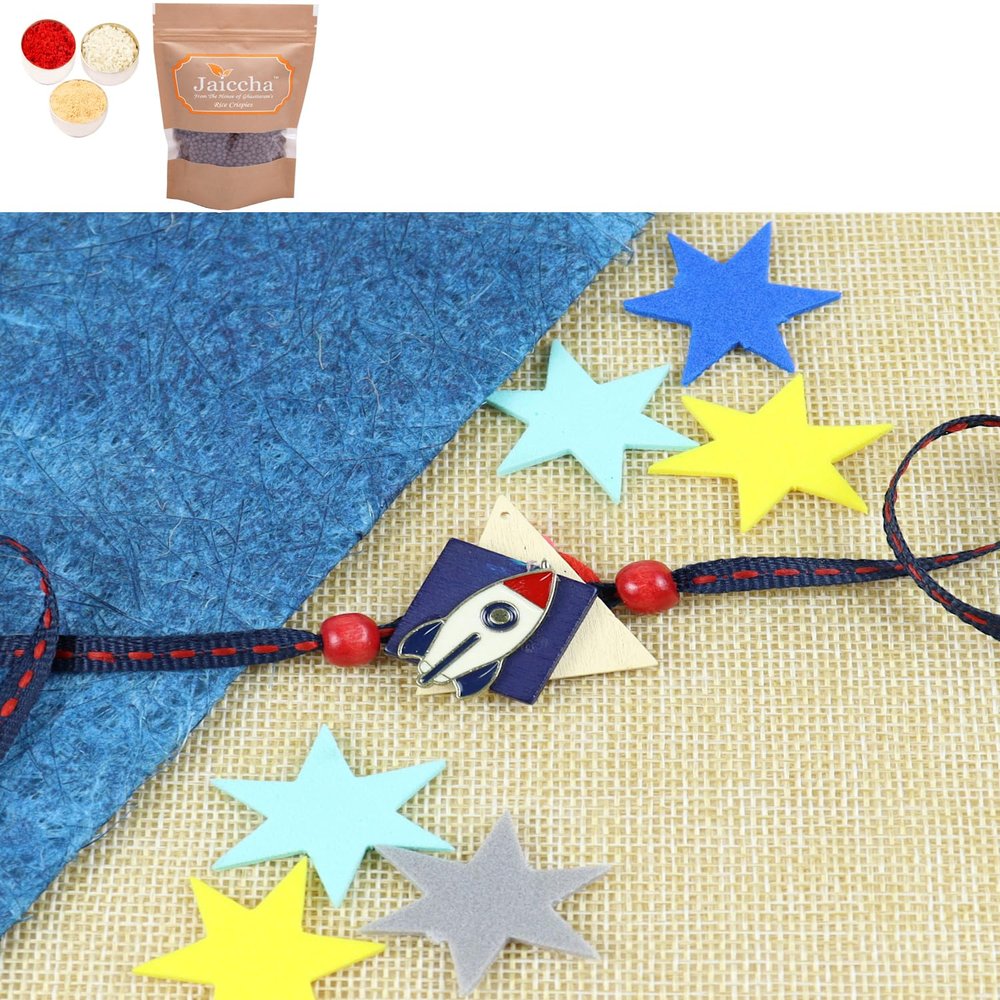 Ghasitaram Gifts Jaiccha Rakhi for Brother Rakhis Online KR24-049- Metal Rocket Kids Rakhi with Chocolate Coated Rice Crispies 100 GMS