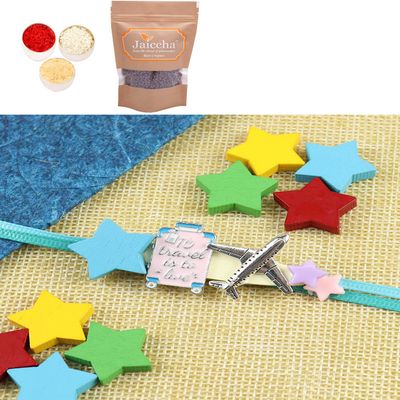 Ghasitaram Gifts Rakhis Gifts for Brothers Rakhis Online - KR25-103- Metal Aeroplane Kids Rakhi with Chocolate Coated Rice Crispies 100 GMS
