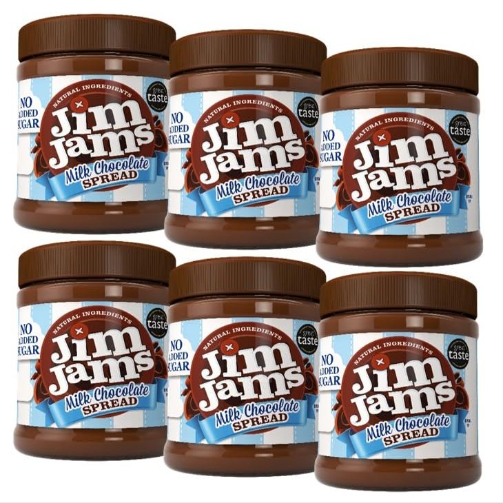 Jimjams No Added Sugar Healthy Diabectic Belgium Milk Chocolate Spread 350g, for Pancakes, Porridge, Muffins and Party Food, Unique Recipe, I Mothers & Fathers Day I Christmas (6 Jars, Milk)