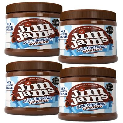 Jimjams No Added Sugar Healthy Diabectic Belgium Milk Chocolate Spread 350g, for Pancakes, Porridge, Muffins and Party Food, Unique Recipe, I Mothers & Fathers Day I Christmas (4 Jars, Milk)