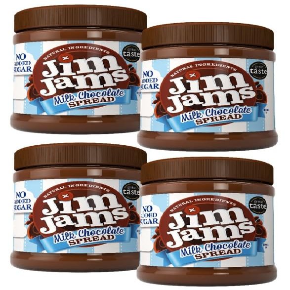 Jimjams No Added Sugar Healthy Diabectic Belgium Milk Chocolate Spread 350g, for Pancakes, Porridge, Muffins and Party Food, Unique Recipe, I Mothers & Fathers Day I Christmas (4 Jars, Milk)