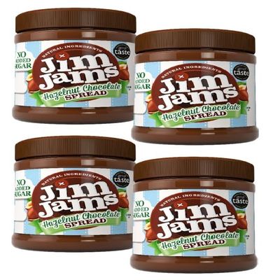 Jimjams No Added Sugar Healthy Diabectic Belgium Hazelnut Chocolate Spread 350g, for Pancakes, Porridge, Muffins and Party Food, Unique Recipe, I Mothers & Fathers Day, Christmas (4 Jars, Hazelnut)
