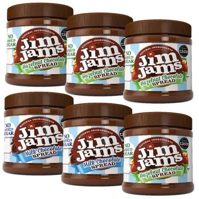 Jimjams No Added Sugar Healthy Diabectic Belgium Milk & Hazelnut Chocolate Spread 350g, for Pancakes, Porridge, Muffins and Party Food, Unique Recipe Mothers & Fathers Day Christmas (6 Jars, Mix)