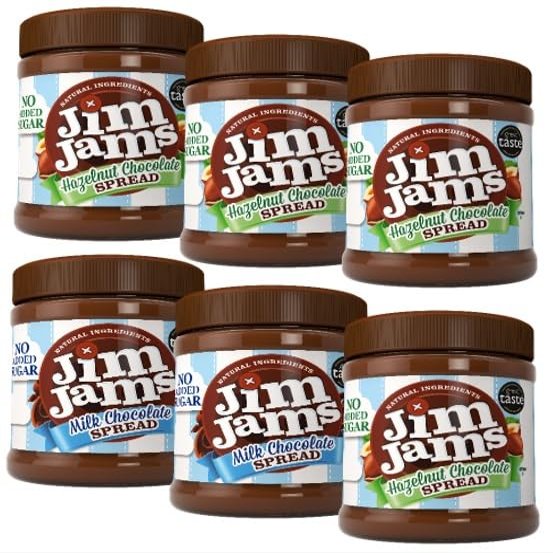 Jimjams No Added Sugar Healthy Diabectic Belgium Milk & Hazelnut Chocolate Spread 350g, for Pancakes, Porridge, Muffins and Party Food, Unique Recipe Mothers & Fathers Day Christmas (6 Jars, Mix)