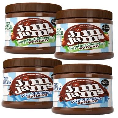 Jimjams No Added Sugar Healthy Diabectic Belgium Milk & Hazelnut Chocolate Spread 350g, for Pancakes, Porridge, Muffins and Party Food, Unique Recipe Mothers & Fathers Day Christmas (4 Jars, Mix)
