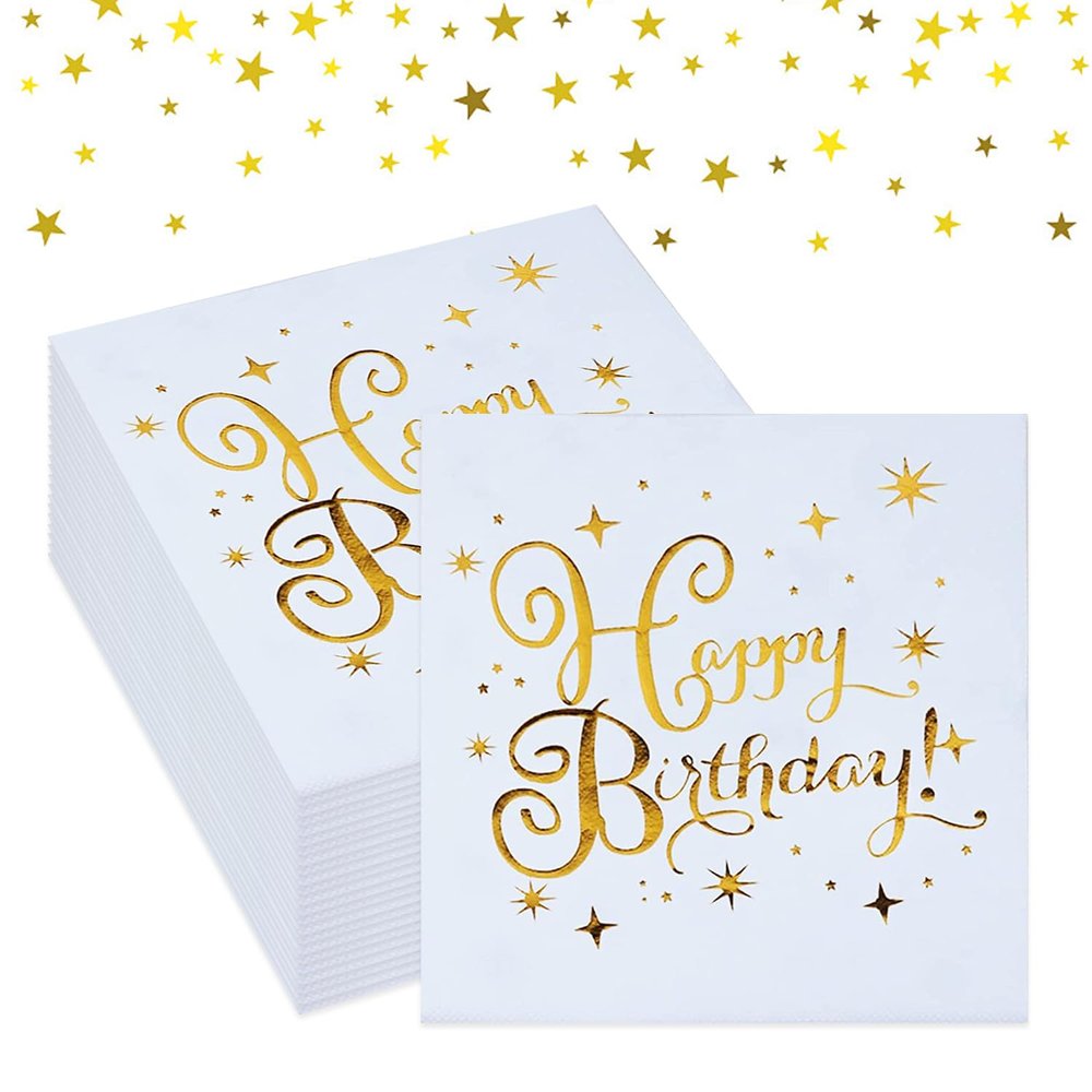 30 Pcs White & Gold Star Napkins with Polka Dots - 33x33cm Party Serviettes for Birthday Decoration, Boys & Girls