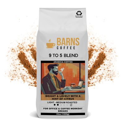 Barns Coffee | 9 To 5 Ground Coffee - 1kg | Light Medium Roast | Intensity Level 2 | Rich Flavoured