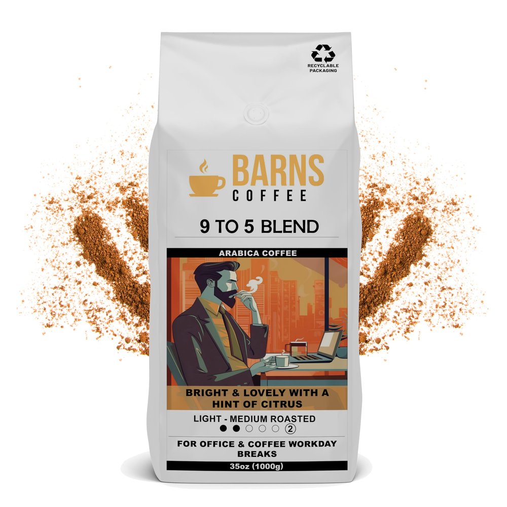 Barns Coffee | 9 To 5 Ground Coffee - 1kg | Light Medium Roast | Intensity Level 2 | Rich Flavoured