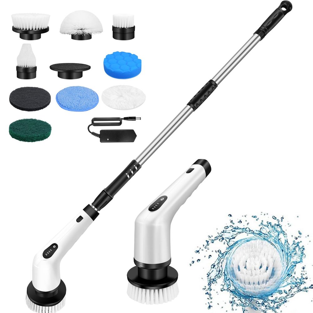 10-in-1 Electric Spin Scrubber Cordless Shower Cleaning Brush for Grout/Tile/Bathroom/Shower/Bathtub, Lightweight, Ergonomic Grip Electric Cordless Cleaning Brush with 10 Replace Heads