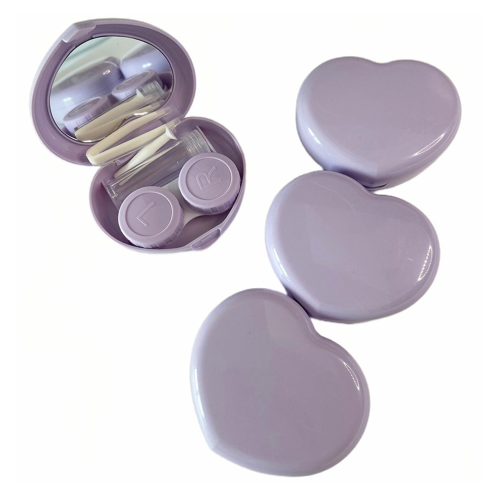 BEDARTIST 4 Packs Heart Shape Contact Lens Cases, Travel Eye Contacts Case Box Holder, Portable Contact Lenses Tweezers Remover Tool Solution Bottle Kit for Daily Outdoor Traveling (Light Purple)