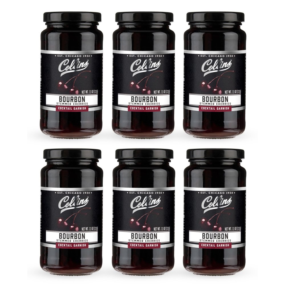 Collins Bourbon Cocktail Cherries - Drinks Set for Manhattan or Old Fashioned Cocktails and Desserts, Made with Award Winning Whiskey, Set of 6 Glasses, 11oz