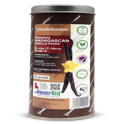 15 Premium XL Extra Long Madagascan Vanilla Pods | Grade A Vanilla Beans in Airtight Tin | Gourmet Sticks for Baking 17-19cm long | 3 x 5 Vacuum Packs Inside | Vanillabazaar