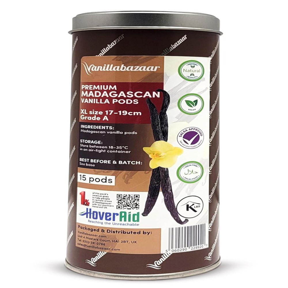 15 Premium XL Extra Long Madagascan Vanilla Pods | Grade A Vanilla Beans in Airtight Tin | Gourmet Sticks for Baking 17-19cm long | 3 x 5 Vacuum Packs Inside | Vanillabazaar