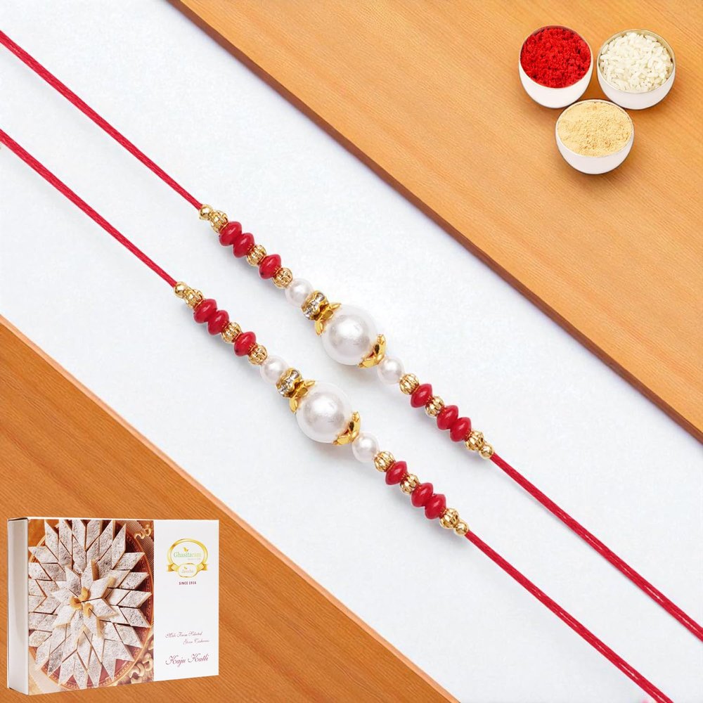 Ghasitaram Gifts Jaiccha Rakhi for Brother Rakhis Online Set of 2-6210 Pearl Rakhi with 200 GMS of Kaju katli