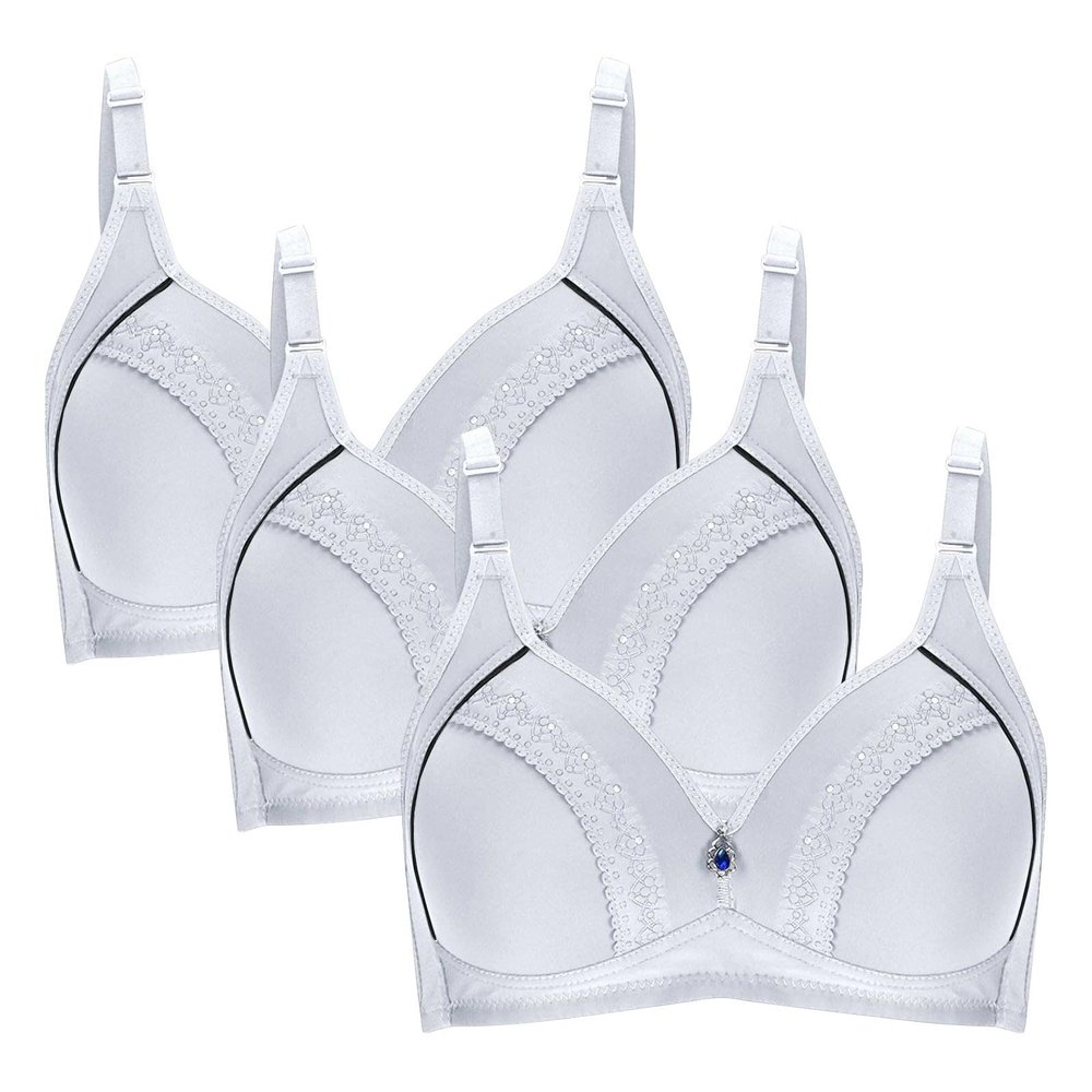 3PC Bras for Women Multipack Push Up Wireless Bras Embroidered Glossy Comfortable Breathable Everyday Bra Underwear Wire Free Three Piece Sets