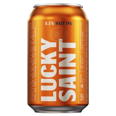 Lucky Saint Alcohol-Free Hazy IPA Cans - Tropical & Stone Fruit Notes - 24 Pack (330ml each) - Vegan, Low Calorie, 0.5% ABV IPA, Low Carb Beer, Natural Ingredients, No Flavourings, No Additives