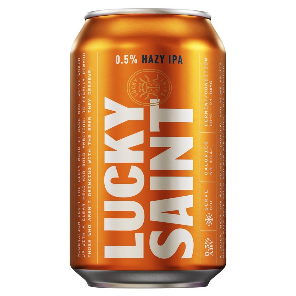 Lucky Saint Alcohol-Free Hazy IPA Cans - Tropical & Stone Fruit Notes - 24 Pack (330ml each) - Vegan, Low Calorie, 0.5% ABV IPA, Low Carb Beer, Natural Ingredients, No Flavourings, No Additives
