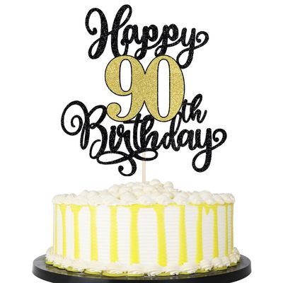 PALASASA Black Gold Happy 90th Birthday Cake Topper- Glitter Cheers to 90 Years Birthday Cake Pick 90 Fabulous Cake Decoration, 90th Birthday/Anniversary Party Cake Decoration
