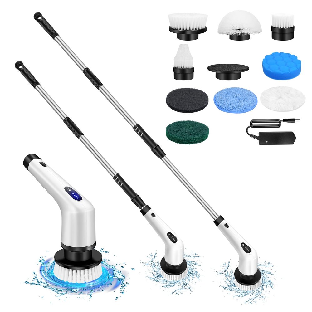 Electric Cleaning Brush Electric Spin Scrubber, 10 IN 1 Cordless Electric Cleaning Brush with 10 Replaceable Brush Heads, 2 Speeds, Adjustable Handle Power Scrubber for Bathroom, Floor, Kitchen, Car