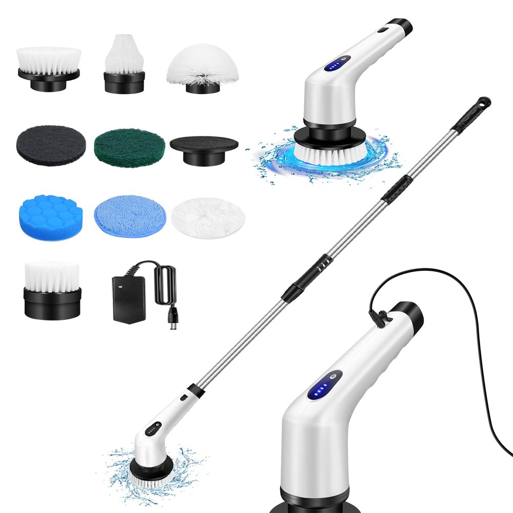 10-in-1 Power Scrubber, Electric Spin Scrubber, Electric Cleaning Brush with Adjustable Stretchable Arm and 10 Replacement Brush Heads, USB Charging for Cleaning Bathroom Bathtub Kitchen Tile Floor