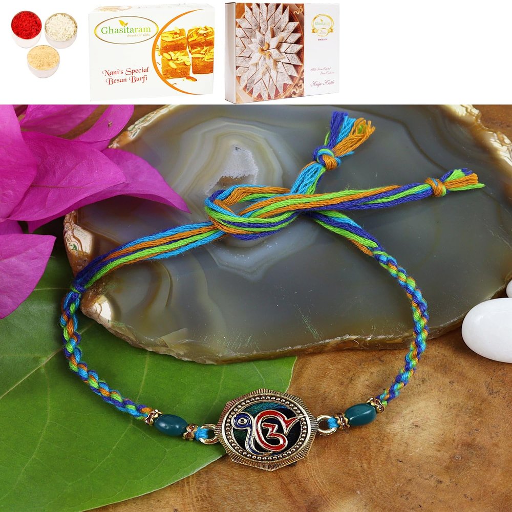 Ghasitaram Gifts Jaiccha Rakhi for Brother Rakhis Online ST24-106 ekomkar Peacock Premium Rakhi with 200 GMS of Besan Barfi and 200 GMS of Kaju Katli
