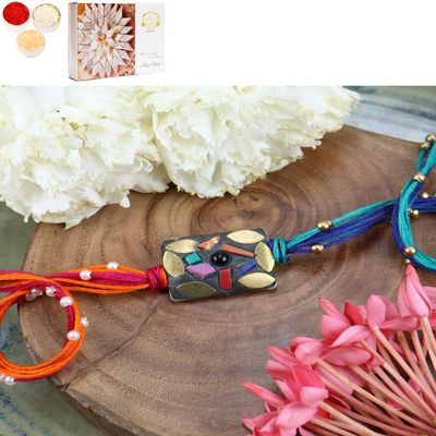 Ghasitaram Gifts Jaiccha Rakhi for Brother Rakhis Online ST24-037- Metal Mosaic Premium Rakhi with 200 GMS of Kaju katli