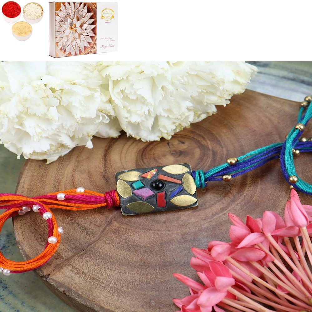 Ghasitaram Gifts Jaiccha Rakhi for Brother Rakhis Online ST24-037- Metal Mosaic Premium Rakhi with 200 GMS of Kaju katli