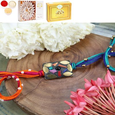 Ghasitaram Gifts Jaiccha Rakhi for Brother Rakhis Online ST24-037- Metal Mosaic Premium Rakhi with 200 GMS of Kaju katli and 200 GMS of Soan Papdi