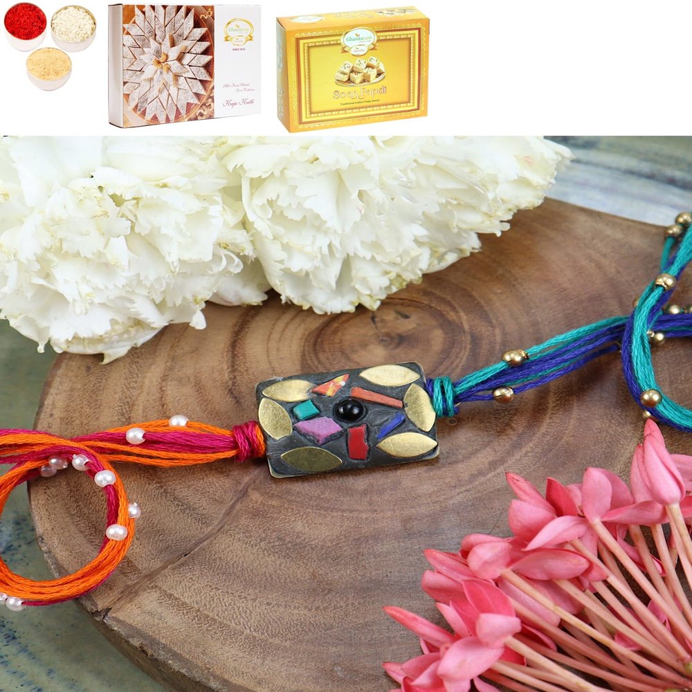 Ghasitaram Gifts Jaiccha Rakhi for Brother Rakhis Online ST24-037- Metal Mosaic Premium Rakhi with 200 GMS of Kaju katli and 200 GMS of Soan Papdi