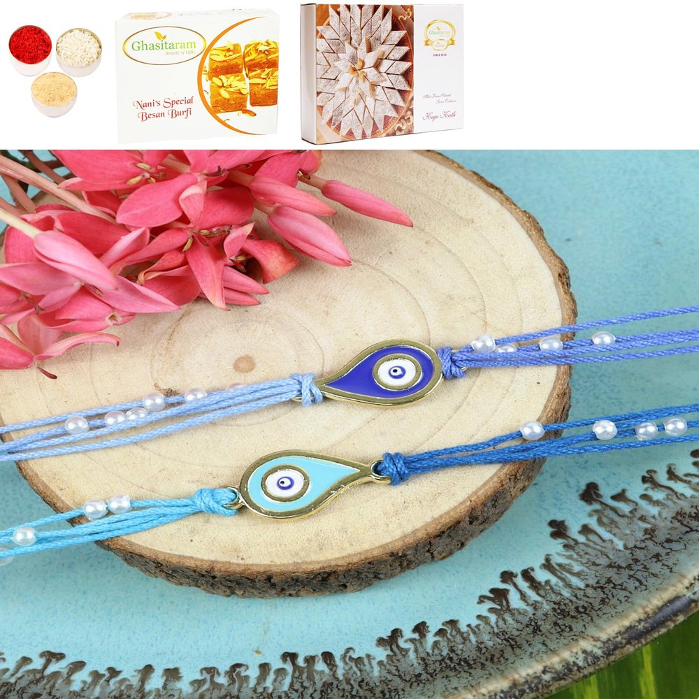 Ghasitaram Gifts Jaiccha Rakhi for Brother Rakhis Online ST24-023- Set of 2 Evil Eye Rakhis with 200 GMS of Besan Barfi and 200 GMS of Kaju Katli