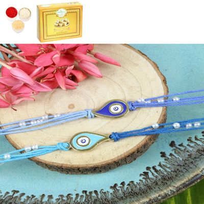 Ghasitaram Gifts Jaiccha Rakhi for Brother Rakhis Online ST24-023- Set of 2 Evil Eye Rakhis with 200 GMS of Soan Papdi