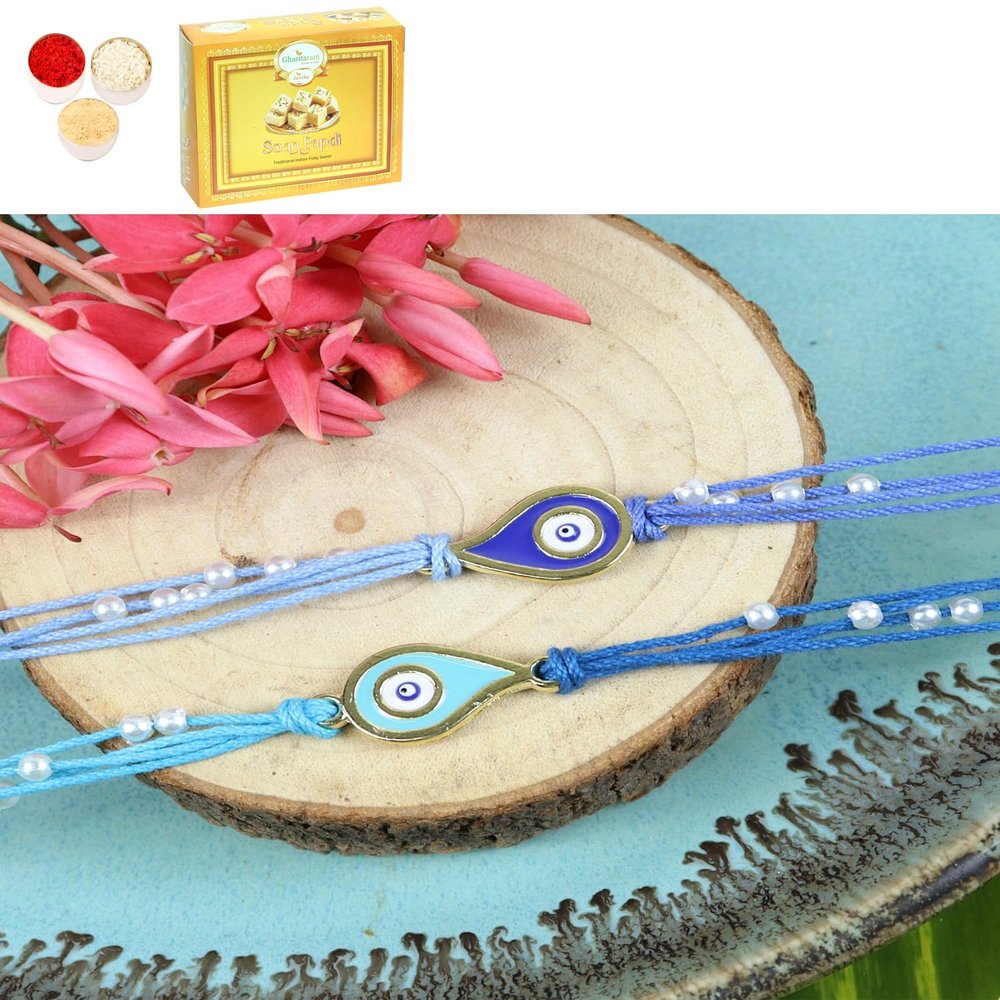 Ghasitaram Gifts Jaiccha Rakhi for Brother Rakhis Online ST24-023- Set of 2 Evil Eye Rakhis with 200 GMS of Soan Papdi