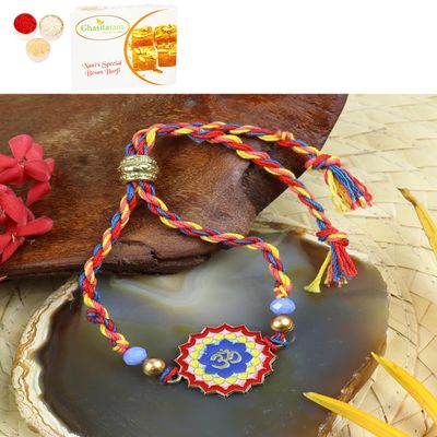 Ghasitaram Gifts Jaiccha Rakhi for Brother Rakhis Online PRK24-036 Metal Om Premium Rakhi with 400 GMS of Besan Barfi