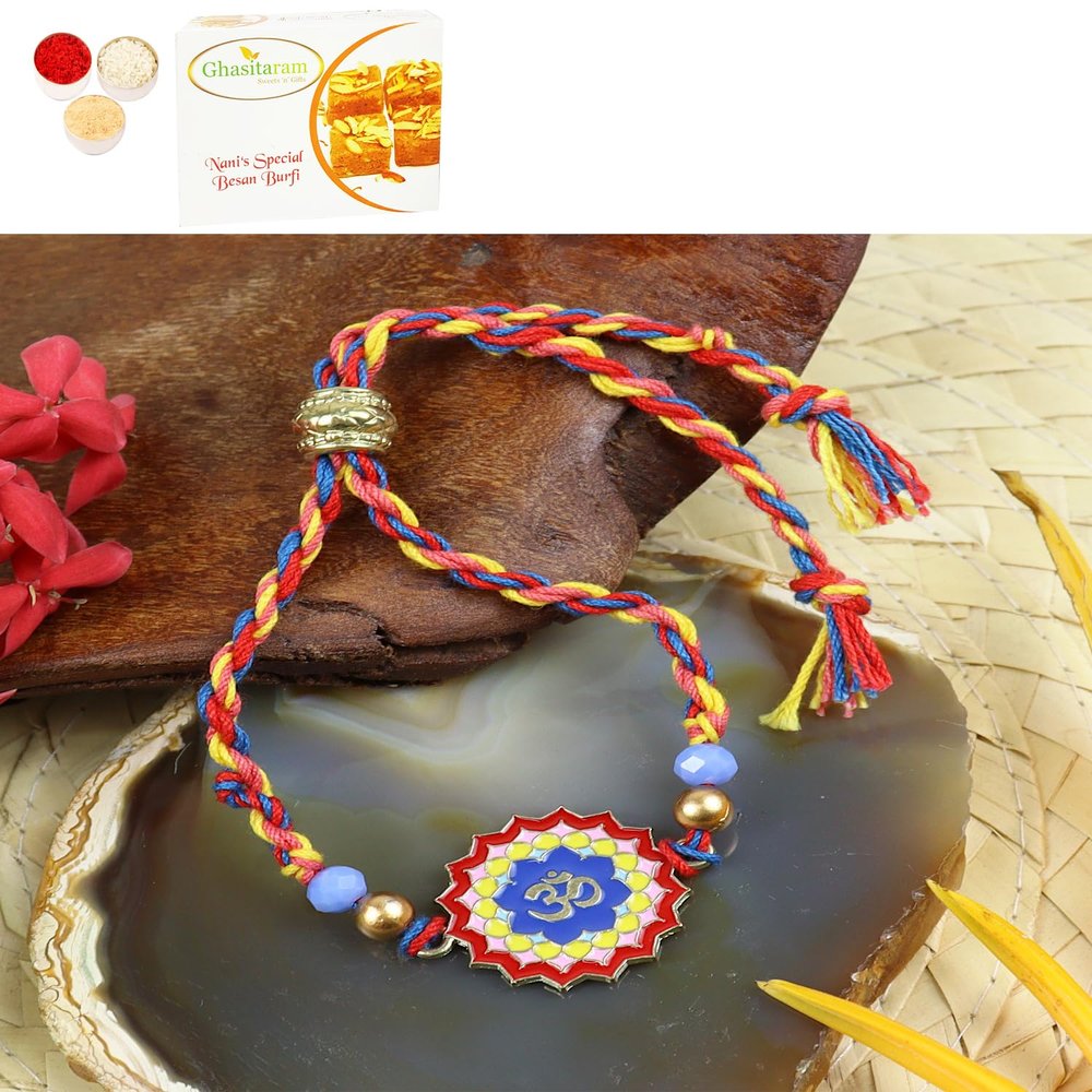 Ghasitaram Gifts Jaiccha Rakhi for Brother Rakhis Online PRK24-036 Metal Om Premium Rakhi with 400 GMS of Besan Barfi