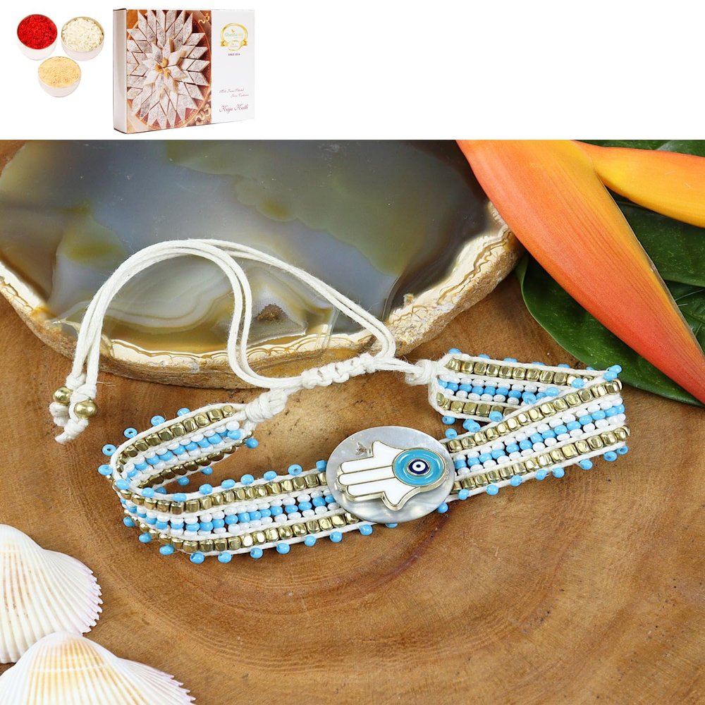 Ghasitaram Gifts Jaiccha Rakhi for Brother Rakhis Online PRK24-002 Bracelet Premium Rakhi with 200 GMS of Kaju katli