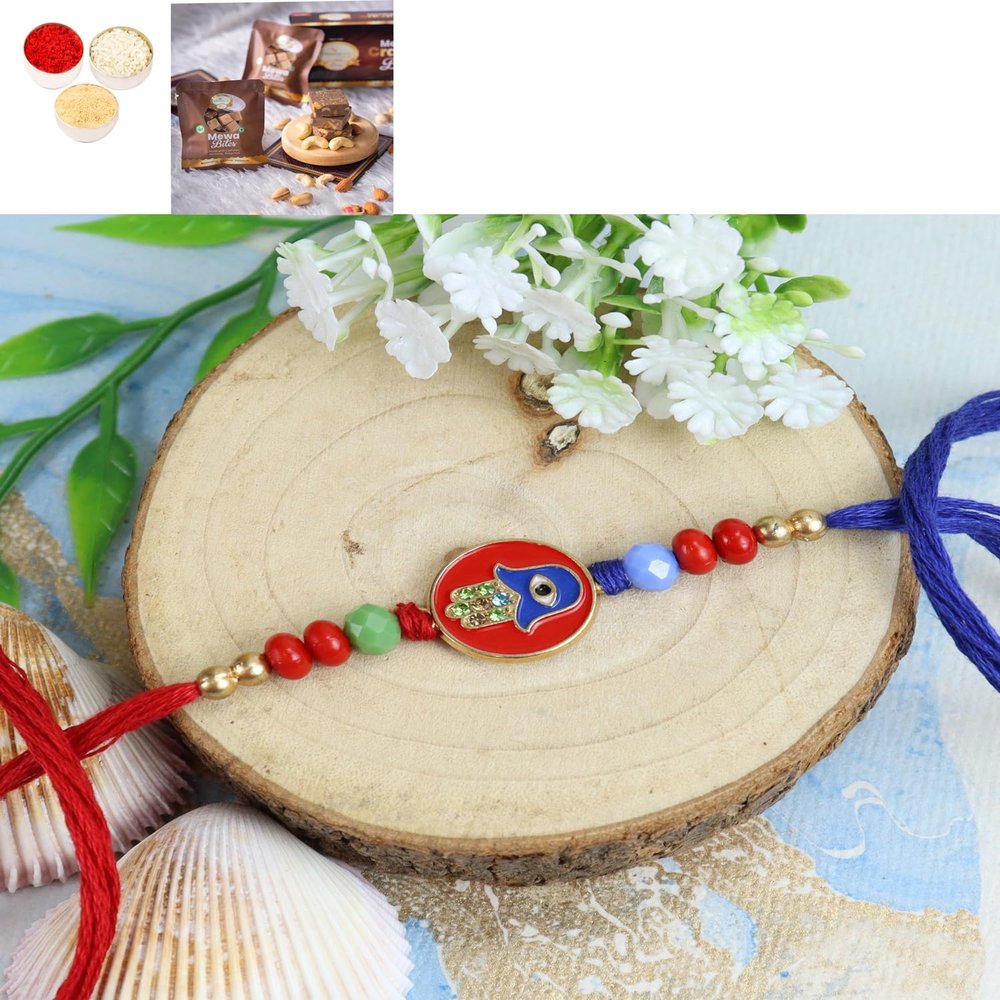 Ghasitaram Gifts Jaiccha Rakhi for Brother Rakhis Online ST23-161 Evil Eye Premium Rakhi with Mewa Bite Box