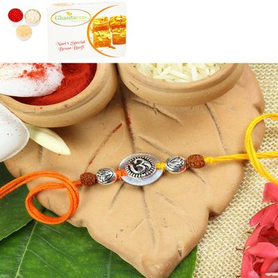 Ghasitaram Gifts Jaiccha Rakhi for Brother Rakhis Online S24-006 Mrtal Om Premium Rakhi with 400 GMS of Besan Barfi
