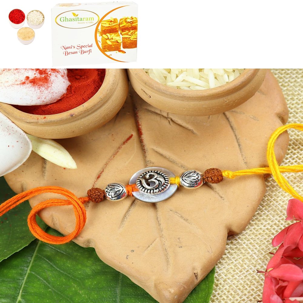 Ghasitaram Gifts Jaiccha Rakhi for Brother Rakhis Online S24-006 Mrtal Om Premium Rakhi with 400 GMS of Besan Barfi