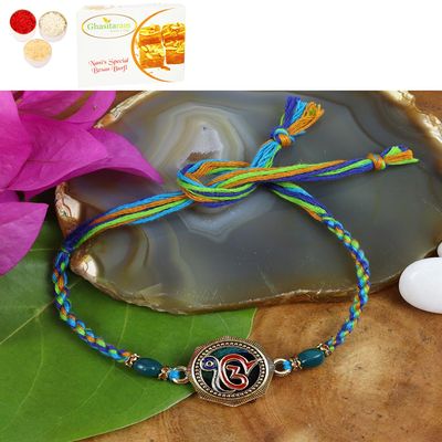Ghasitaram Gifts Jaiccha Rakhi for Brother Rakhis Online ST24-106 ekomkar Peacock Premium Rakhi with 400 GMS of Besan Barfi
