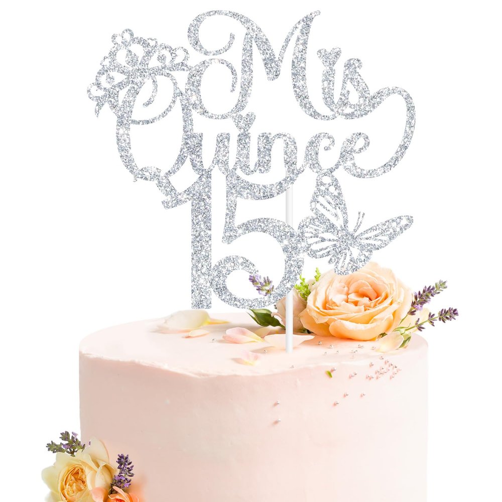 Mis Quince 15 Cake Topper, Mis Aos 15, Feliz 15 Aos, Cheers to 15 Years, Happy 15th Birthday Party Decorations Silver Glitter
