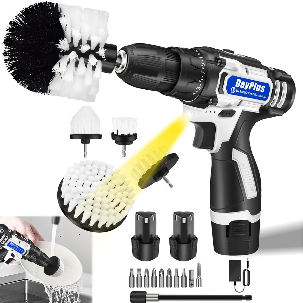 12V Cordless Drill with 2x Batteries and Charger, 3/8" Keyless Chuck Power Drill Set with Drill Brush for Cleaning 5 Pieces for Car, Carpet, Bathroom, 6in Reach Extension Rod, 10 Pieces Drill Bits Set